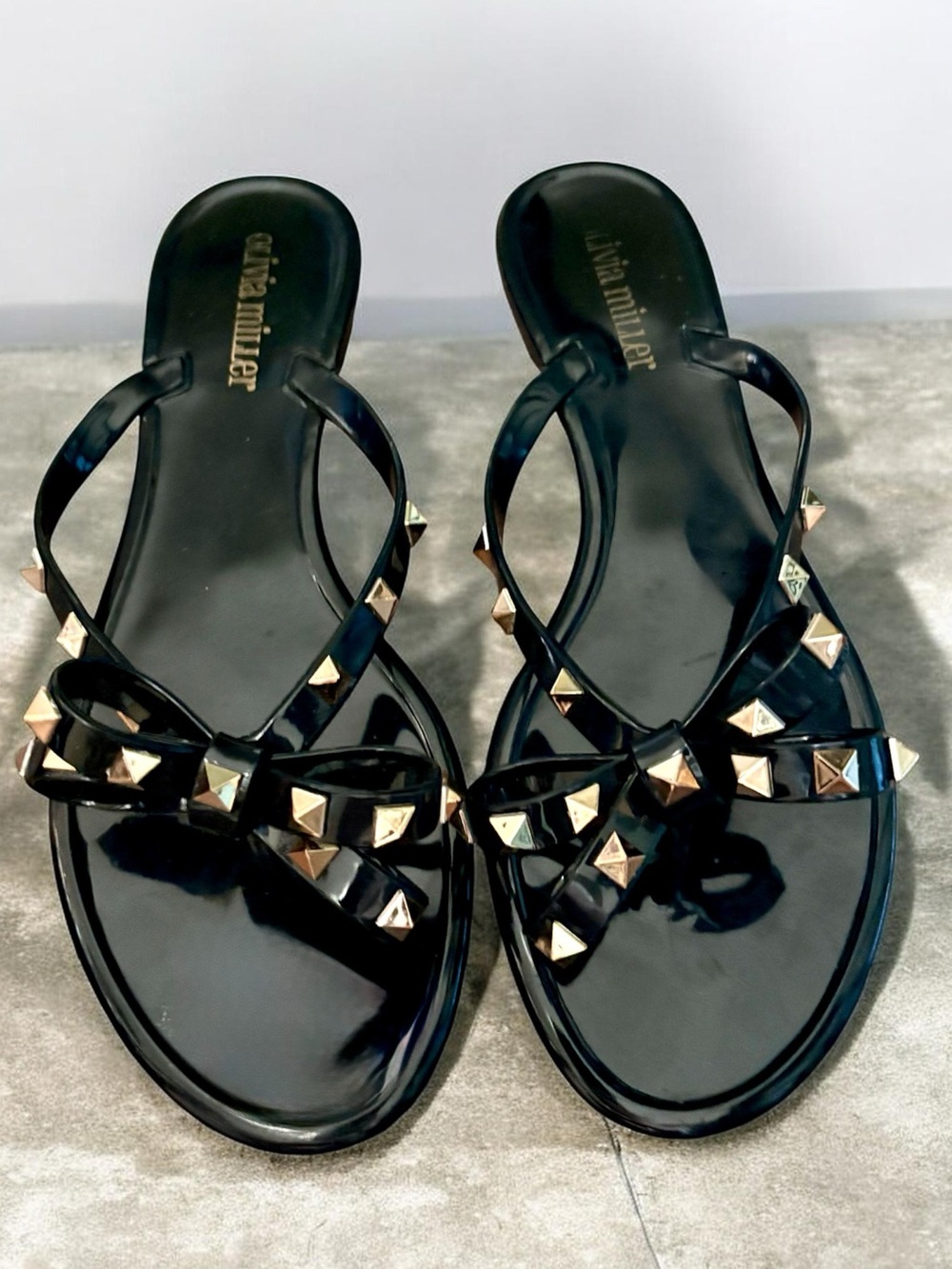 Olivia Miller Black Jelly Bow Sandals with Gold Studs Sz 40 fits 8.5